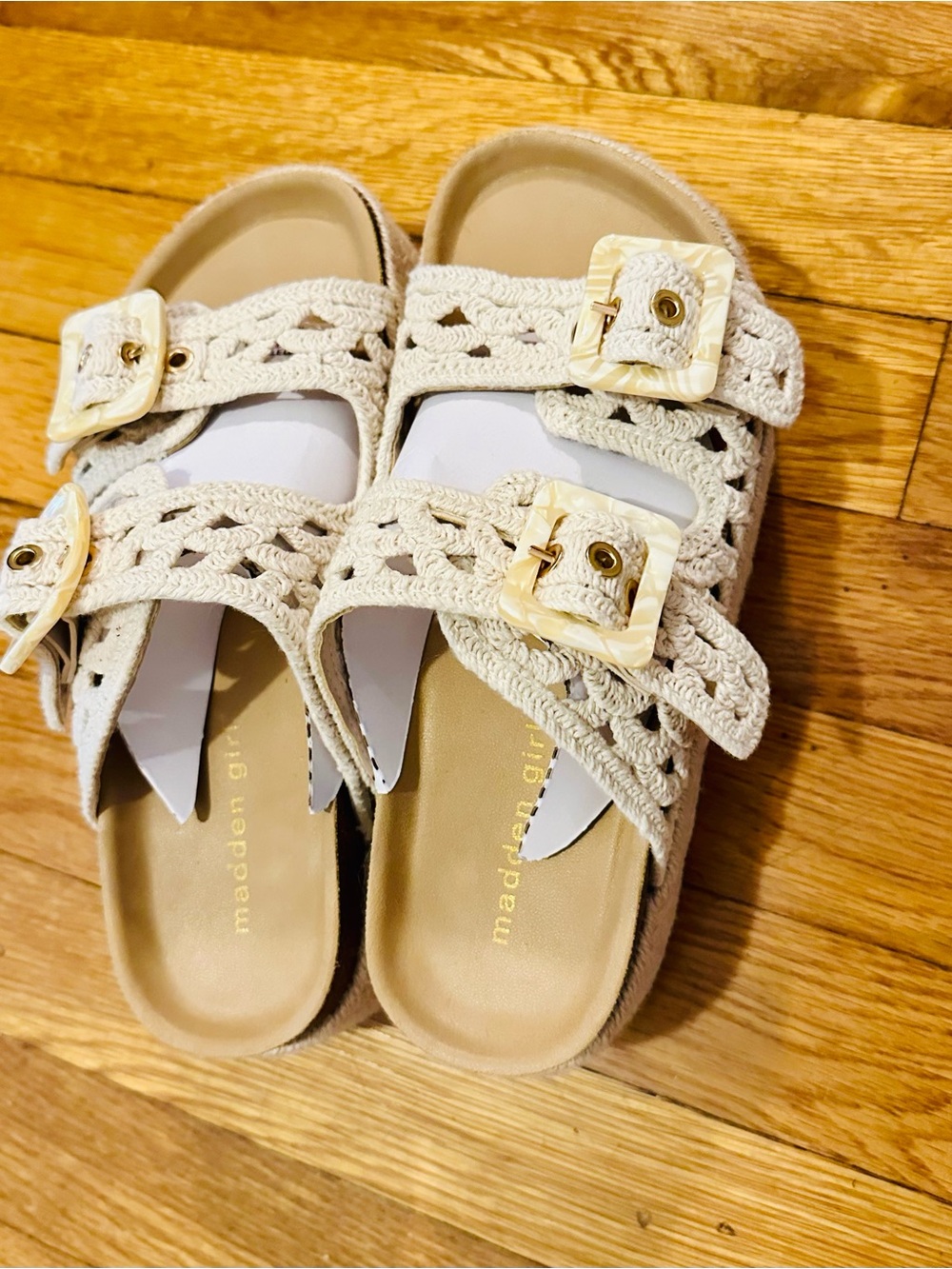 Madden Girl Cream Woven Slide Sandals with Buckles